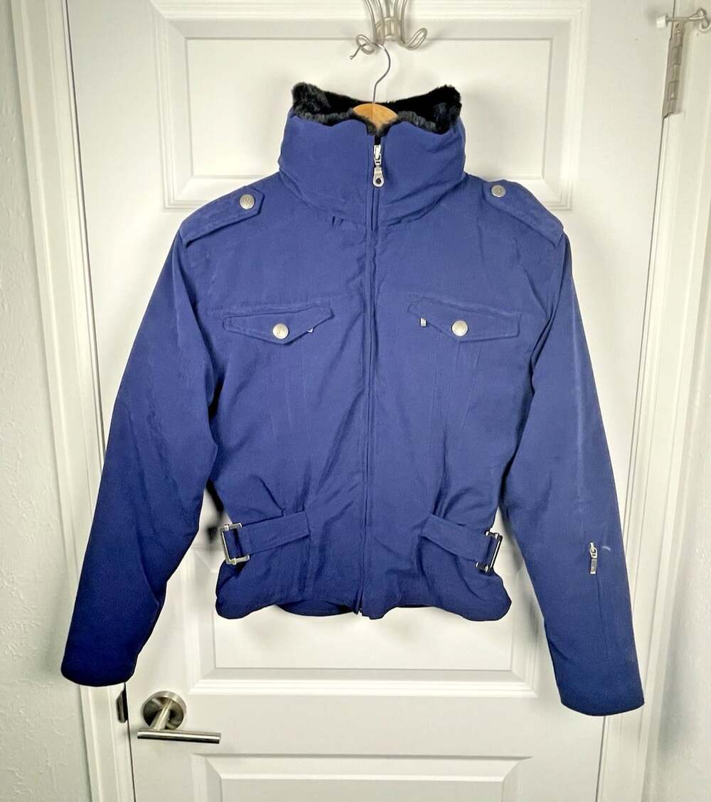 Vintage Y2K Nils Skiwear Ski Jacket Sz 6 Faux Fur 550 Fill Power Blue Bomber EUC